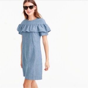 J. Crew Denim Blue Eddie Chambray Ruffle Yoke Shift Dress